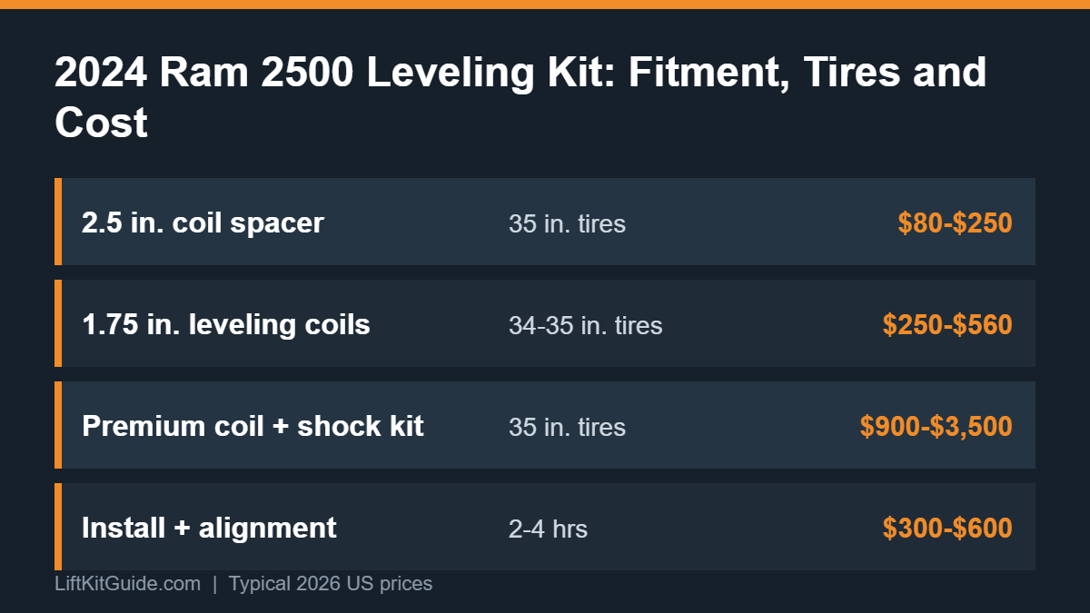 2024 Ram 2500 leveling kit options chart comparing spacer and coil kits with 35-inch tire fitment
