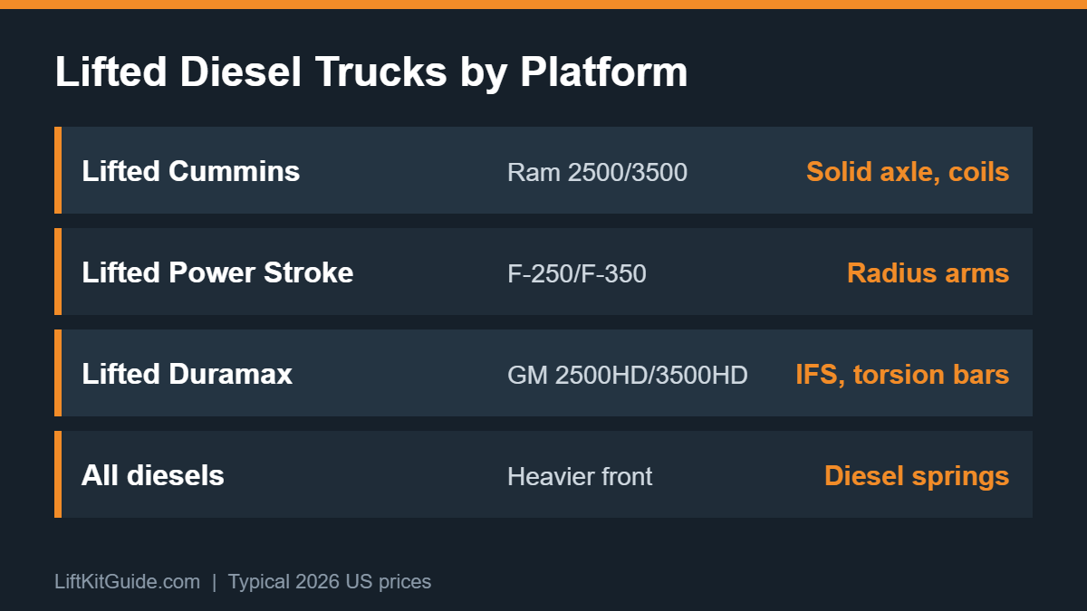 Lifted diesel trucks by platform comparing Cummins, Power Stroke and Duramax suspension