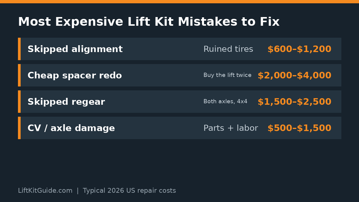Chart ranking the most expensive lift kit mistakes by typical cost to fix in 2026